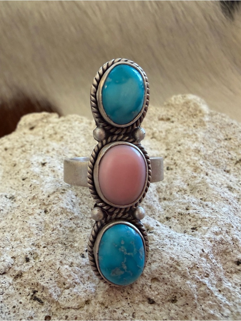 ❤️Queen Pink Conch Sierra Bella Turquoise 3 Stone Matte Sterling Adjustable Ring